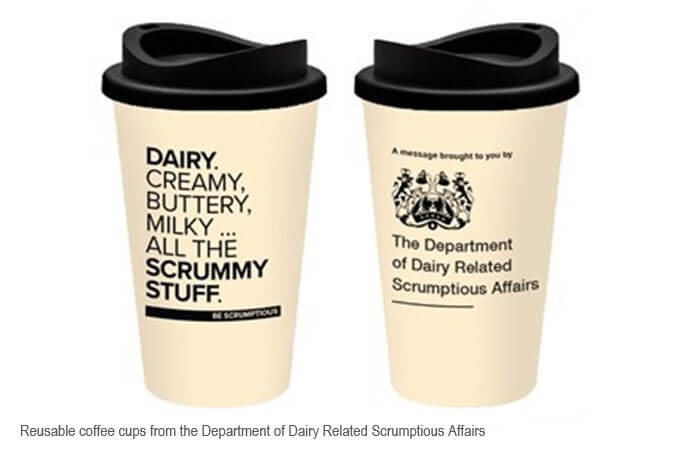 Image of reusable coffee cups with Department of Dairy Related Scrumptious Affairs branding
